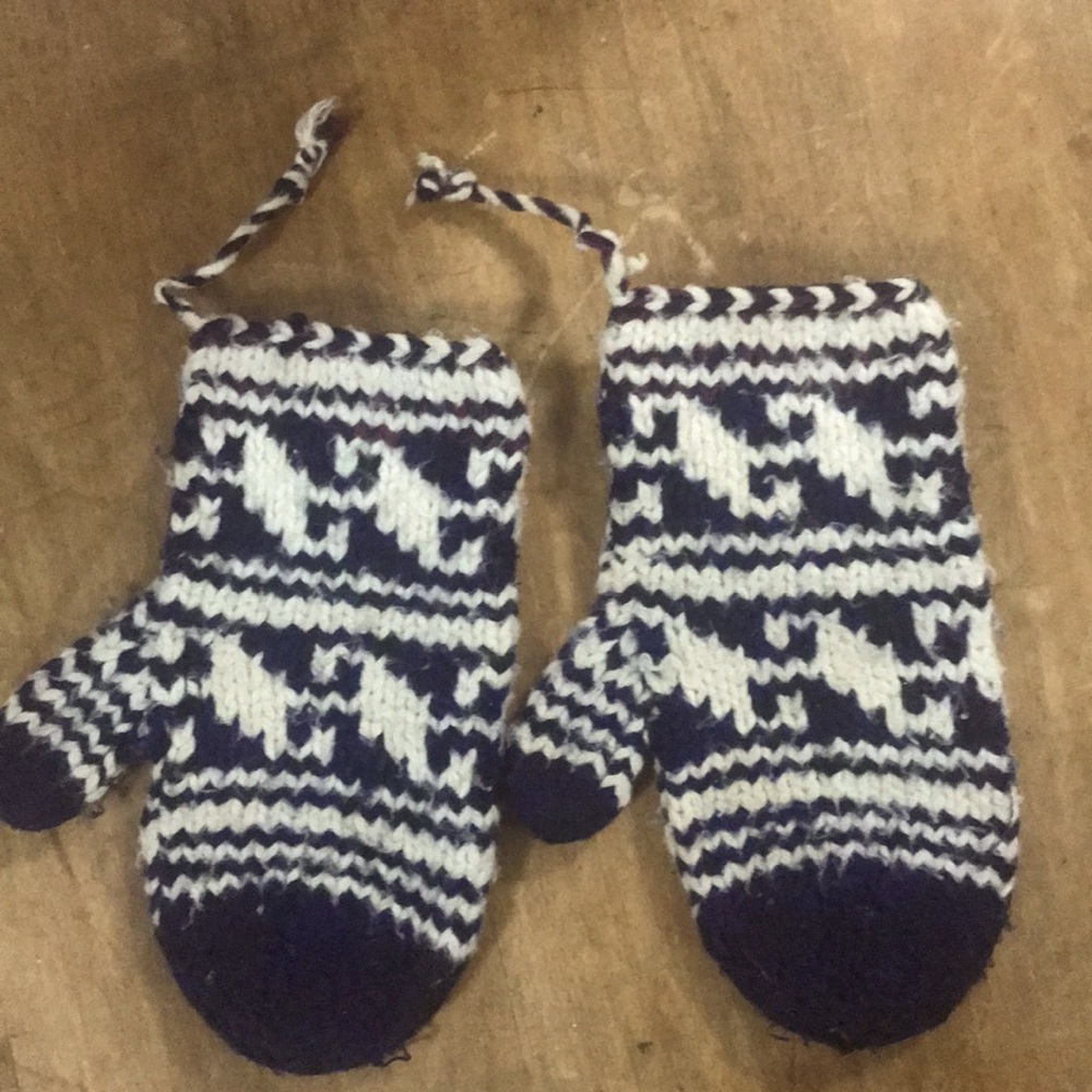 Blue/ cream knit winter mittens